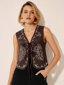 CAJUNI Blusa regata feminina retrô de camurça com cadarço e bordado paisley, ideal para ocasiões casuais e profissionais. Estilo boho retrô na cor marrom chocolate. - Castanho - Ver 6