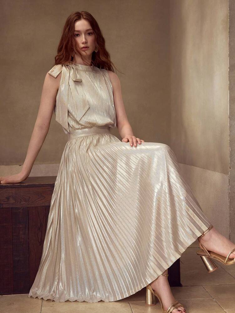 WOMEN LUXURY SHINY FASHION ELEGANT FITTED WAIST SLEEVELESS PLEATED BOW DECOR DRESS
