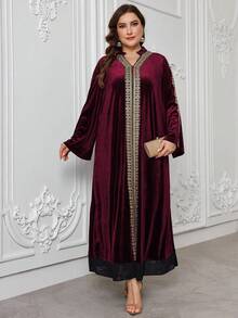 Al Najma 大码穆斯林女式天鹅绒立领优雅奢华阿拉伯派对连衣裙，端庄优雅的长款阿拉伯长裙，适合晚宴/婚礼宾客/周年纪念日 - 紅色 - 查看 3
