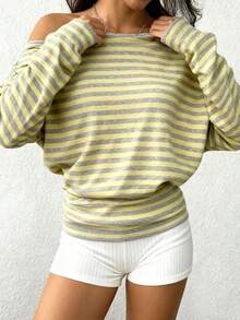 SHEIN EZwear 女式宽松条纹不对称肩长袖休闲运动衫 - 黃色 - 查看 3