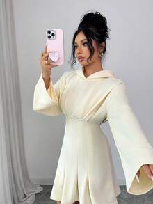 Elenzga 女士秋冬针织连帽腰部褶裥下摆中长连衣裙，优雅设计，适合万圣节、圣诞节、新年派对、毕业典礼、角色扮演等场合，浅卡其色 - 杏色 - 查看 4