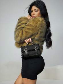 CUCCOO SZL 1 件女士时尚翻盖小斜挎包，别致毛茸茸边缘手提包，单肩斜挎包 - 黑色 - 查看 7