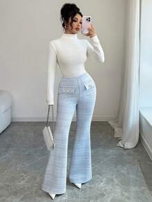 SHEIN Elenzya 2025 New Elegant French Style Blue Plaid Elastic Tweed Design Waist Cinching Slim Fit Pearl Button Elastic Waist Flared Casual Versatile Metallic Thread Holiday Autumn Women Pants - Blue and White - View 2