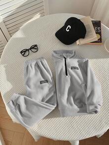 SHEIN 2 件套年轻男童休闲简约服装，羊毛加厚，适合秋冬季 - 淺灰色 - 查看 6