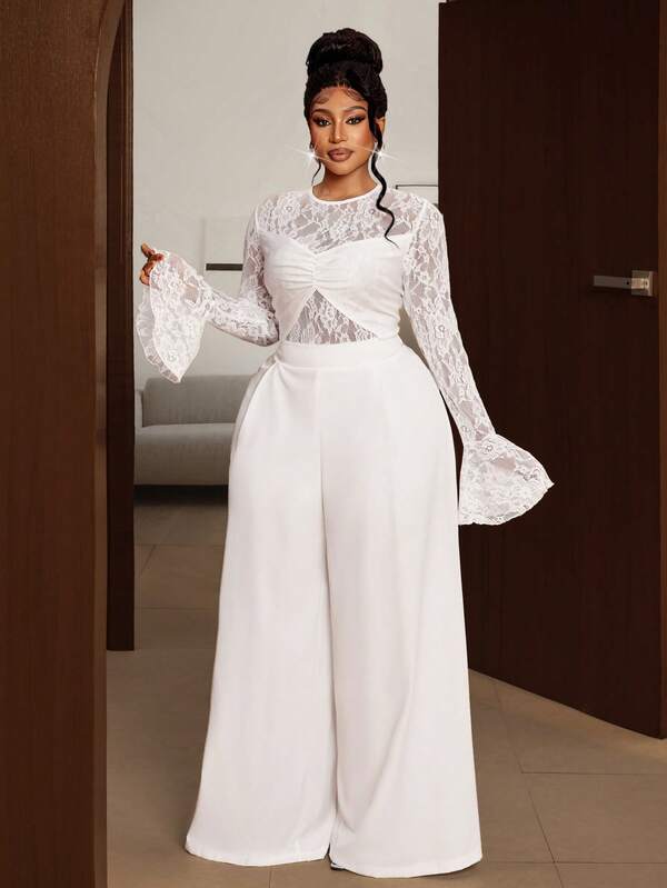 Maweii Plus Size Women's Lace Patchwork Bell Sleeve Jumpsuit, Elegant And Versatile For Any Occasion