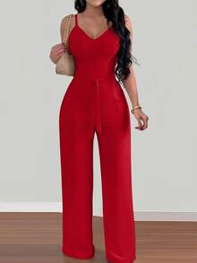 INAWLY 优雅度假休闲女式无袖连体裤直筒裤 - 酒紅色 - 查看 2