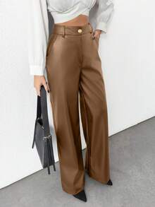 SHEIN Tall Prive Gold Button Detailed Straight Fit Leather Pants, Tall Women - Beige - View 4