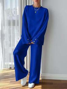EURMUSE Women Button Detailed Sweater And Pant Set - Royal Blue - View 5