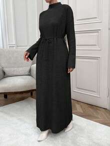 EURMUSE Solid Color Stand Collar Long Sleeve Casual Loose Fashion Ribbed Pattern Oversized Maxi Dress - Black - View 4