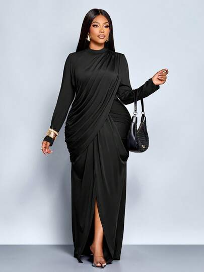 SOLERSUN Plus Size Fall And Winter Women's Elegant Stand Collar Long Sleeve High Split Thigh Maxi Dress,Diversity Knot,Wrinkled And Twisted,Graduation Dress,Prom Dress, Party Dress,Vacation,Sexy Dress,Elegant Dress,Luxury Dress,Wedding Guest Dress2026,New Year,Black