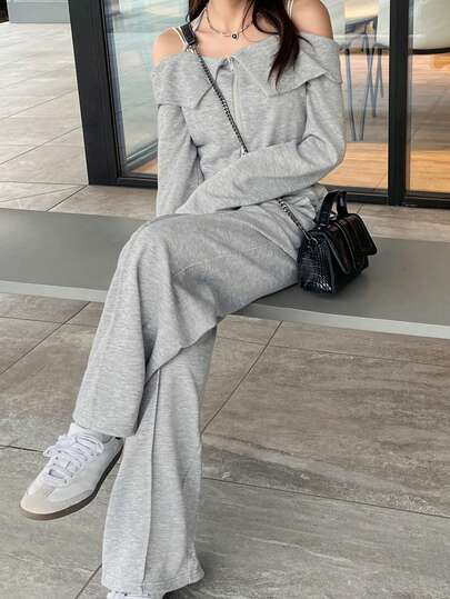 FRIFUL 女士纯色露肩长袖上衣和直筒裤两件套休闲宽松套装，秋冬款