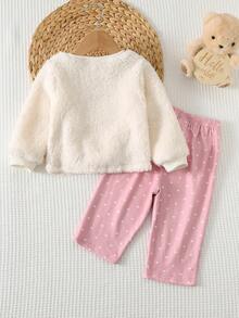 Cozy Pixies 2件套女婴爱心图案保暖加厚圆领长袖卫衣和松紧腰裤套装，保暖加厚冬季服装，适合冬季、新年穿着，柔软舒适，女婴秋冬套装，女婴保暖套装，舒适女婴套装，女婴休闲套装 - 粉色 - 查看 2