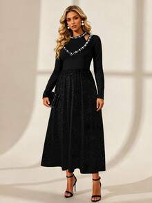 Elenzga Maxikleid in Große Größen für Damen mit Doppelkragen-Design, Langarm, elegant, mit Perlen besetzt - Schwarz - Übersicht 1