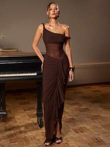 Silquee This Brown Stretch Mesh Dress Features An Asymmetrical Neckline, Sheer Waist, And A Ruffled Hem With A Slit, Creating A Sexy And Elegant Look Perfect For Spring/Summer, Valentine's Day, Christmas, Dates/Outings/Nightclub Parties/Gatherings, Elegant Parties/Casual Dates, Bridesmaid Dresses, Wedding Season, Cocktail Parties, And Other Occasions. - Coffee - View 7