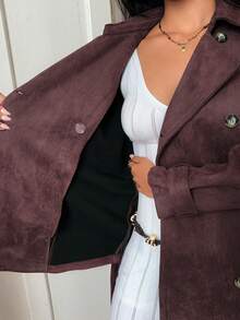 SHEIN Unity Women's Vintage Faux Suede Double-Breasted Belted Regular Jacket - Red - View 6