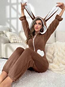 柔软咖啡棕色法兰绒长袖连体衣，带俏皮耳朵帽和拉链前襟，可爱纯色连体衣，心形口袋，休闲舒适，可作睡衣穿着，蓬松柔软，冬季必备 - 咖啡棕 - 查看 4