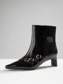 SHUZIA Women's Glamorous Sexy Pointy Toe Block Heel Zip-Up Ankle Boots For Christmas - Black - View 6