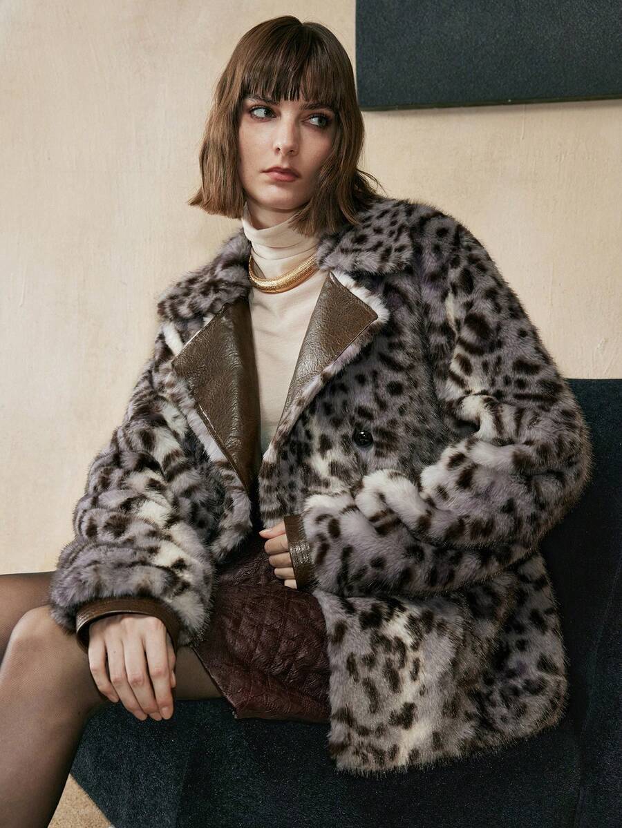 SHEIN LUNE Leopard Print Double-Breasted Pockets Faux Fur Long Sleeve Jacket, Autumn/Winter Mordern Party Winter Clothes For Women Winter New Year - Army Green - View 1