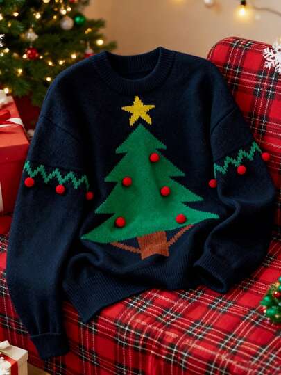 Franclia Suéter de punto holgado de cuello redondo de manga larga con decoración de árbol de Navidad 3D, beige, para mujer en otoño/invierno