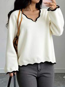 少女荷叶边 V 领宽松长袖毛绒保暖分层毛衣，休闲百搭返校套头衫，罗纹下摆撞色针织毛衣，乳白色 - 米色 - 查看 1