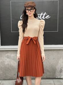 Teen Girls' Elegant Midi Dress,Beige Ribbed Knit Top With Puff Sleeves & Brown Pleated Skirt,Bow Belt,Autumn Graduation Teen Formal Casual Outing - Apricot - View 3