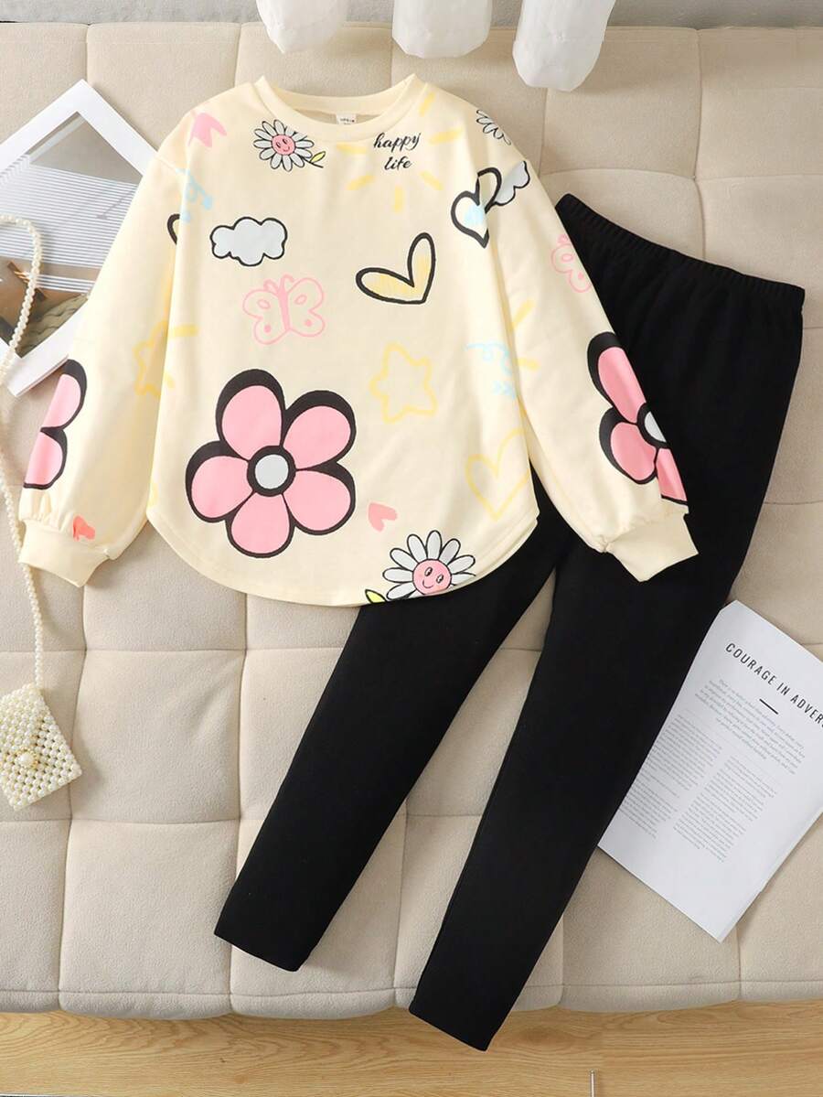 SHEIN 2 piezas Conjunto de top de manga larga y pantalones de color block casual de niña en negro - Multicolor - Ver 1