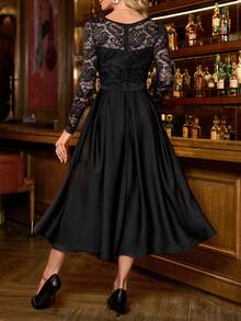 SHEIN Clasi 女士秋冬新款蕾丝拼接荷叶边收腰A字连衣裙，适合派对及多种场合 - 黑色 - 查看 12