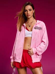 THE POWERPUFF GIRLS X SHEIN 女士休闲字母花卉图案落肩拉链卫衣，秋季 - 粉色 - 查看 4