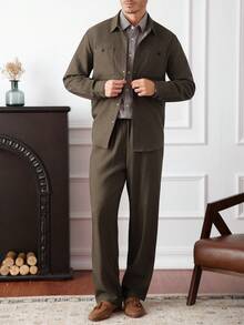 Core Aspect Men's Solid Color Long Sleeve Single-Breasted Shirt And Pants Casual Suit Men Two Piece Set Men 2 Piece Set,Old Money Style - Coffee Brown - View 4