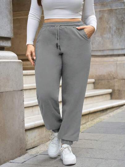 EURMUSE Cotton Plus Size Women's Solid Color Drawstring High Waist Black Sweatpants , Joggers