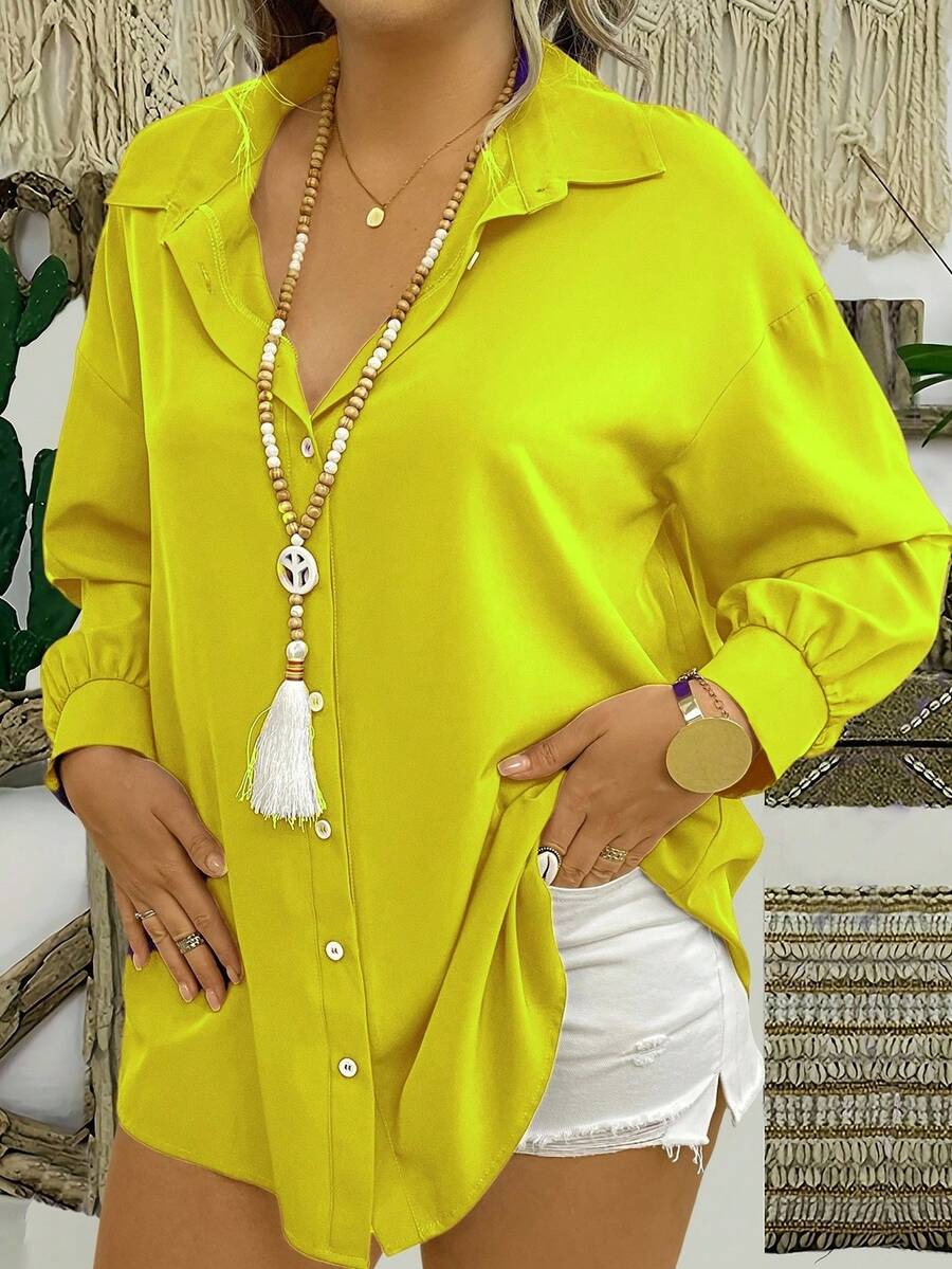 EMERY ROSE Plus Size Solid Color Drop Shoulder Long Sleeve Casual Button Front Loose Blouse For Women - Yellow - View 1