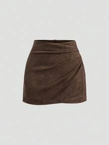Sweetra Petite Autumn/Winter Merrily Colored Suede Pleated A-Line Mini Skirt, Petite Women