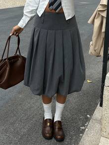 MainGRL 女士休闲日常灰色梭织褶皱泡泡裙 - 灰色 - 查看 1