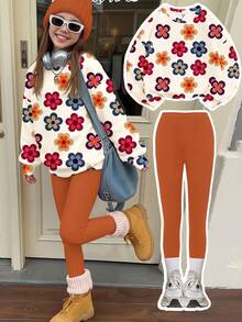 SHEIN Leap Crew 奶油白与焦糖枫叶图案，可爱多巴胺贴花彩色复古花卉图案，少女休闲可爱加厚柔软保暖圆领长袖卫衣和打底裤两件套，适合秋冬季日常、上学、度假、新年穿着 - 彩色 - 查看 1