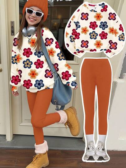 SHEIN Leap Crew 奶油白与焦糖枫叶图案，可爱多巴胺贴花彩色复古花卉图案，少女休闲可爱加厚柔软保暖圆领长袖卫衣和打底裤两件套，适合秋冬季日常、上学、度假、新年穿着