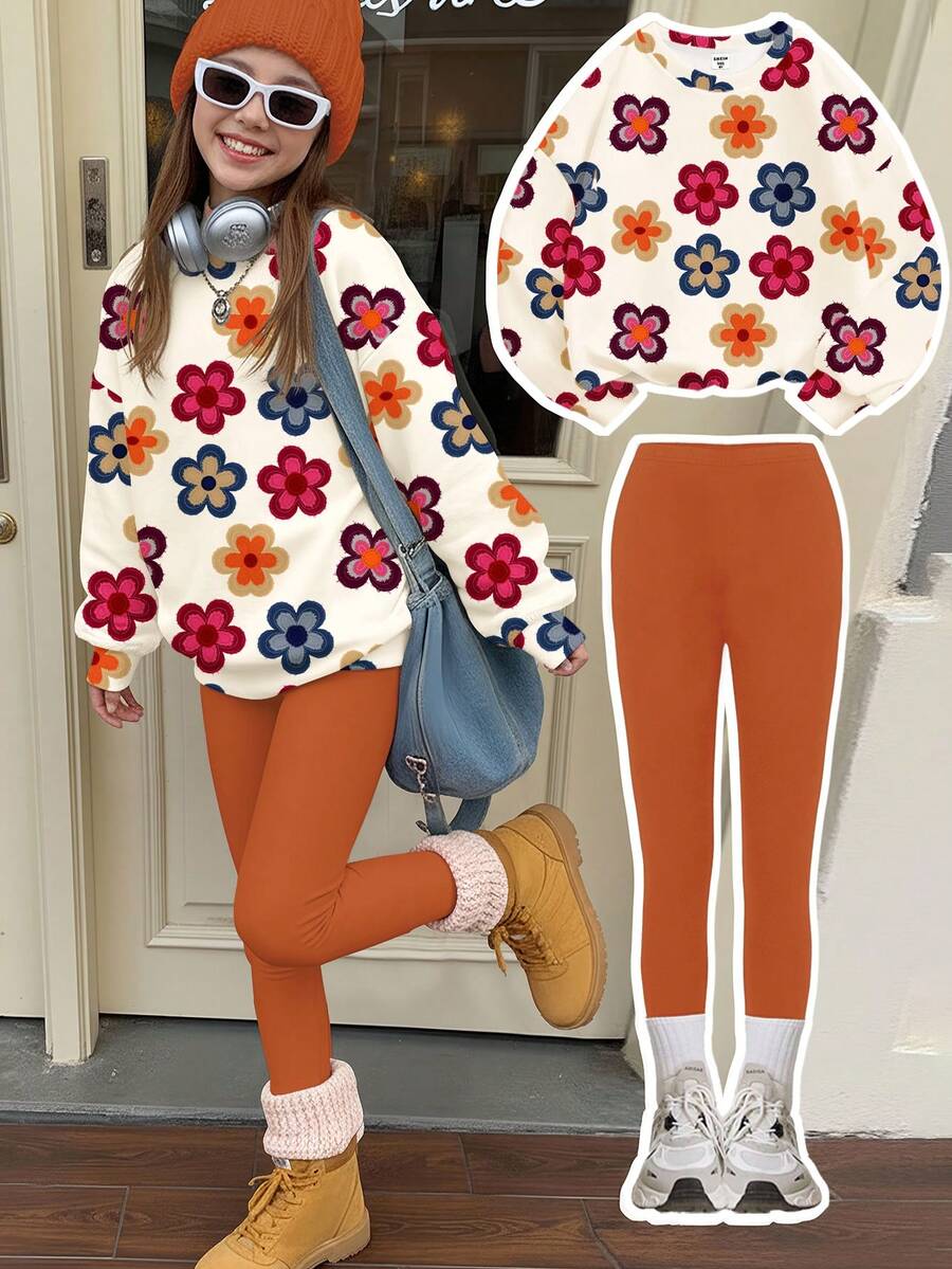 SHEIN Leap Crew 奶油白与焦糖枫叶图案，可爱多巴胺贴花彩色复古花卉图案，少女休闲可爱加厚柔软保暖圆领长袖卫衣和打底裤两件套，适合秋冬季日常、上学、度假、新年穿着 - 彩色 - 查看 1