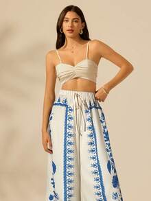 CAJUNI 女士波西米亚风热带植物印花阔腿裤，休闲度假沙滩夏季阔腿裤