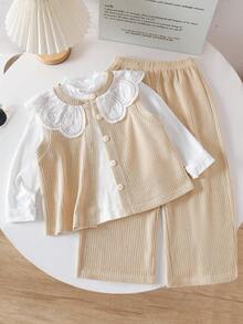 3 قطع/طقم ملابس كاجوال وناعمة للبنات، تشمل سترة صوفية بيج، بنطلون ذو ساق واسعة مطابقة، ولباس علوي بياقة عالية بأكمام طويلة، مريحة وأنيقة للخريف/الشتاء