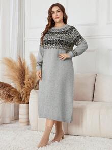 Modelyn Váy len dệt kim cổ tròn tay dài họa tiết hình học cỡ lớn cho nữ, mùa thu/đông - Xám - Xem 4