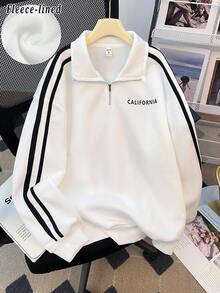 SHEIN Tween Girl White Knit Half-Zip Collar Loose Casual School English Print Sweatshirt, Back To School, Minimalist Daily Wear Fall Winter