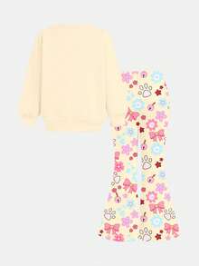 SHEIN Happikins 复古可爱小狗印花，彩虹蝴蝶结花卉图案，秋日氛围运动套装，女婴休闲简约柔软针织套头衫运动服套装，适合秋冬季节、居家、圣诞派对穿着 - 彩色 - 查看 3