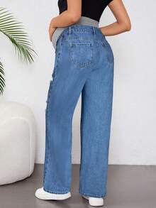 SHEIN Maternity Casual Loose Ripped Straight Leg Jeans, Blue - Medium Wash - View 2