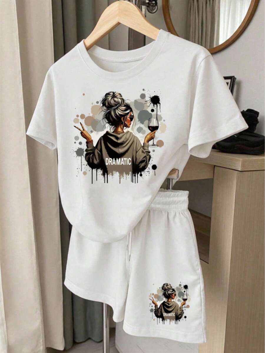 2pcs Set Women Dramatic Sarcasm Slogan Funny Graphic Print Casual Outfit, Suitable For Daily Wear