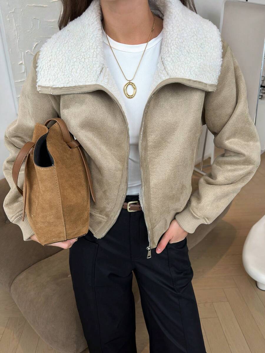 Easowa Women's Solid Color Minimalist Everyday Zip-Up Long Sleeve Faux Fur Jacket - Khaki - View 1