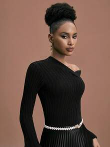 JIAN LASALA Maglione asimmetrico con spalle scoperte e maniche a campana, lavorazione strutturata, pullover nero da donna per l'inverno, top nero da festa con spalle scoperte, top sexy nero a coste, top nero a coste con spalle scoperte, top elegante da spiaggia per invitati a matrimoni - nero - Visualizzare 5