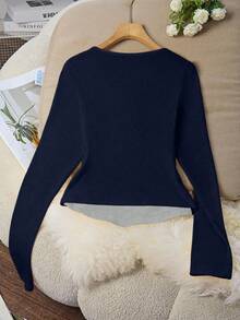 Franclia 女士优雅时尚简约百搭修身长袖二合一T恤，春秋季 - 寶藍色 - 查看 2