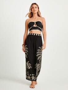 CAJUNI x Carol Peixinho Sommerliche Boho-Hose für Damen: Stilvolle, weite Hose mit handgefertigtem Palmenmuster, lange Strandhose, Boho-Hose - Schwarz - Übersicht 5