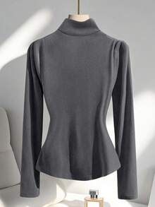GlowEve 女式高领长袖褶皱腰修身休闲针织 T 恤，优雅时尚，春夏 - 深灰色 - 查看 2