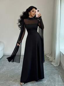 Rafferiza Đầm dự tiệc tay dài hai lớp dệt kim lưới chắp vá hình chữ X cổ cao thanh lịch dành cho nữ, mùa thu/đông - màu đen - Xem 3