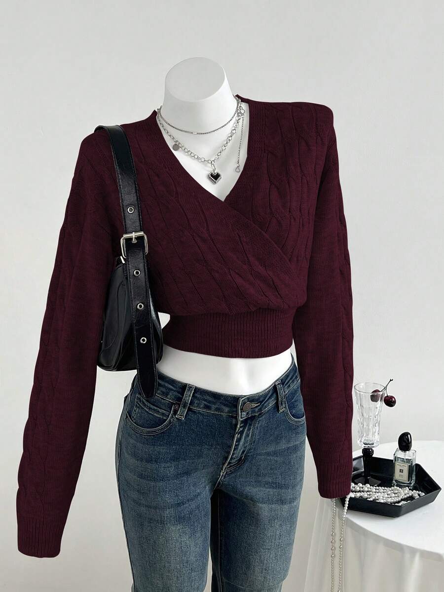 Elamini Women's V-Neck Oblique Placket Belted Slim Fit Long Sleeve Casual Fashionable Knit Sweater, Autumn/Winter - Red Violet - View 1